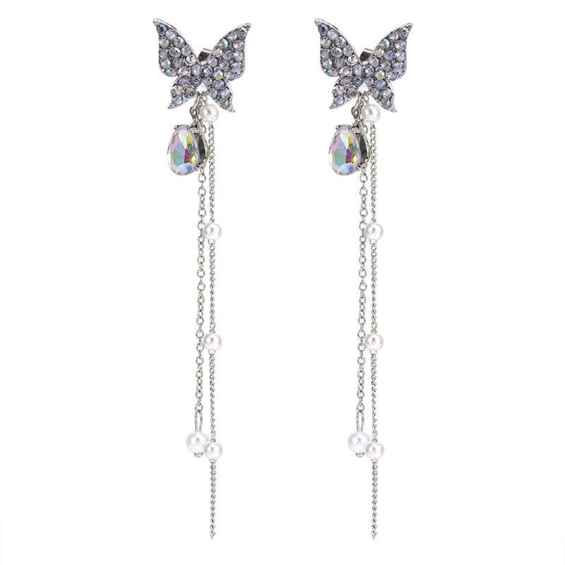 S925 Silver Needle Fashion Long Fringed Rhinestone Earrings-Jewearrings