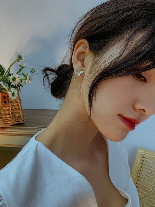 S925 Silver Needle Ins Super Fairy White Mother Butterfly Earrings Long Tassel Temperament Earrings Korea Dongdaemun Earrings-Jewearrings