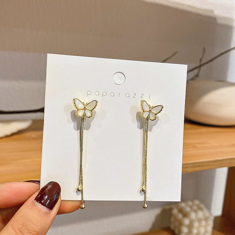 S925 Silver Needle Ins Super Fairy White Mother Butterfly Earrings Long Tassel Temperament Earrings Korea Dongdaemun Earrings-Jewearrings