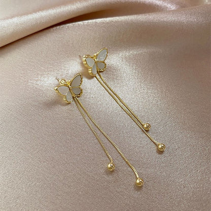 S925 Silver Needle Ins Super Fairy White Mother Butterfly Earrings Long Tassel Temperament Earrings Korea Dongdaemun Earrings-Jewearrings