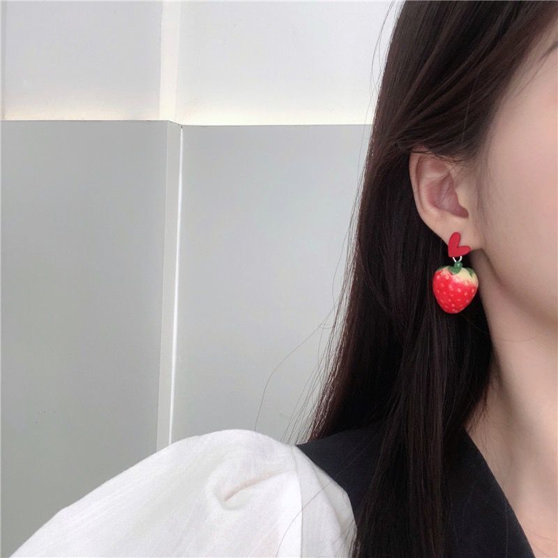 S925 Silver Needle Korea Cute Small Fresh Love Big Strawberry Earrings Net Red Trendy Girl Simple Fairy Earrings-Jewearrings