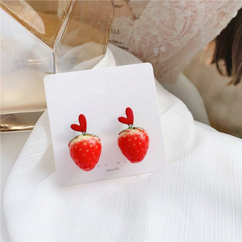 S925 Silver Needle Korea Cute Small Fresh Love Big Strawberry Earrings Net Red Trendy Girl Simple Fairy Earrings-Jewearrings