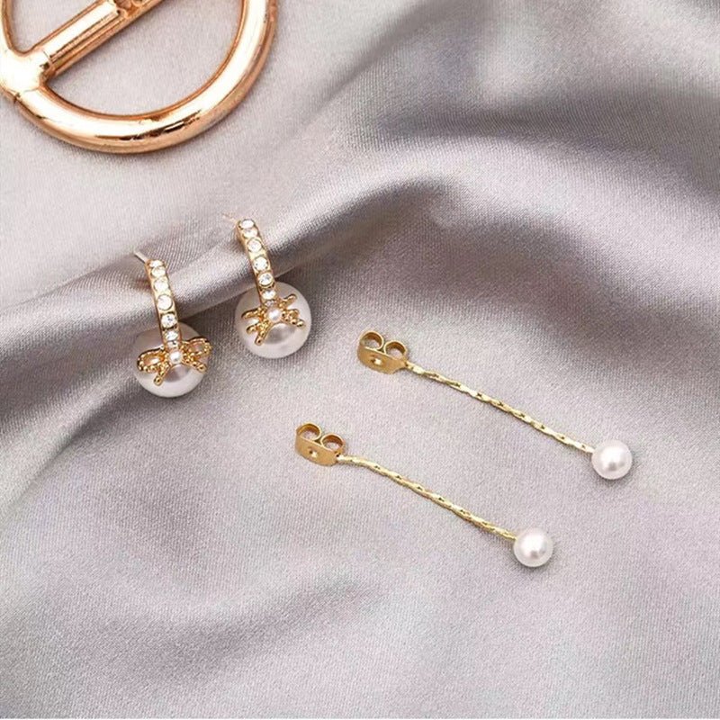 S925 Silver Needle Korean Version Of A Small One With Two Bows And Pearl Earrings Female Long Temperament Tassel Earrings-Jewearrings