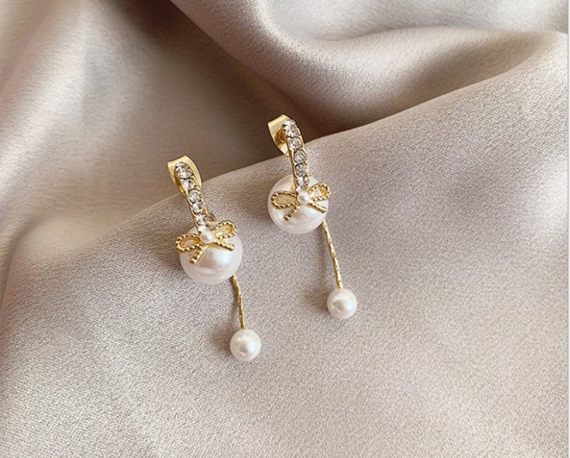 S925 Silver Needle Korean Version Of A Small One With Two Bows And Pearl Earrings Female Long Temperament Tassel Earrings-Jewearrings