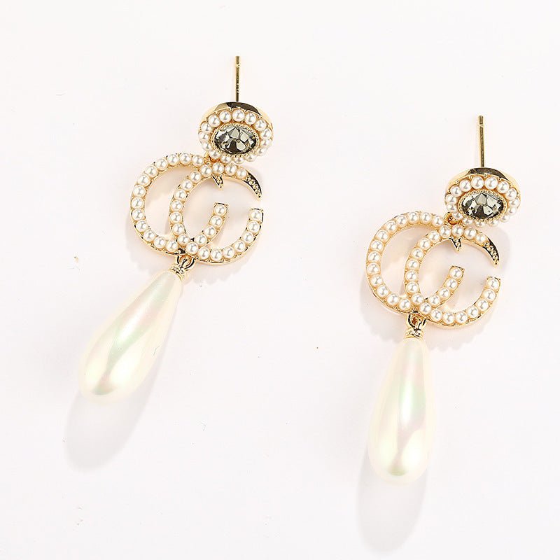 S925 Silver Needle Long Double C Pearl Earrings-Jewearrings