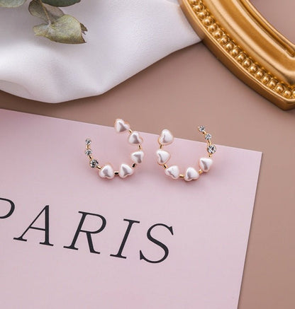 S925 silver needle love pearl diamond ring earrings hollow semi-circular heart-shaped earrings sweet temperament earrings female-Jewearrings