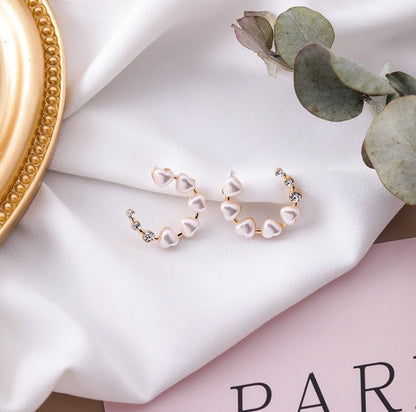 S925 silver needle love pearl diamond ring earrings hollow semi-circular heart-shaped earrings sweet temperament earrings female-Jewearrings