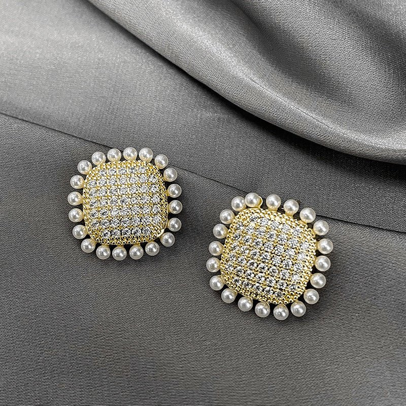 S925 Silver Needle Micro Inlaid Zircon Full Diamond Pearl Earrings Women-Jewearrings