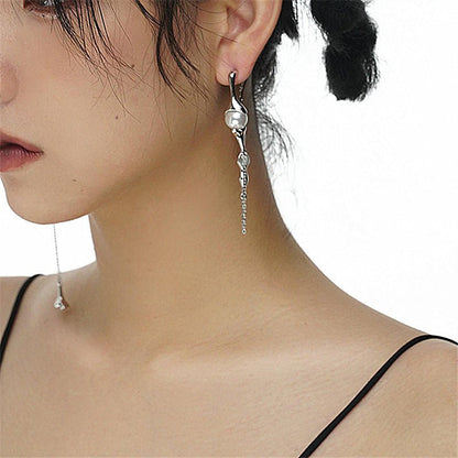 S925 Silver Needle Pearl Long Tassel Back Hanging Earrings Women-Jewearrings