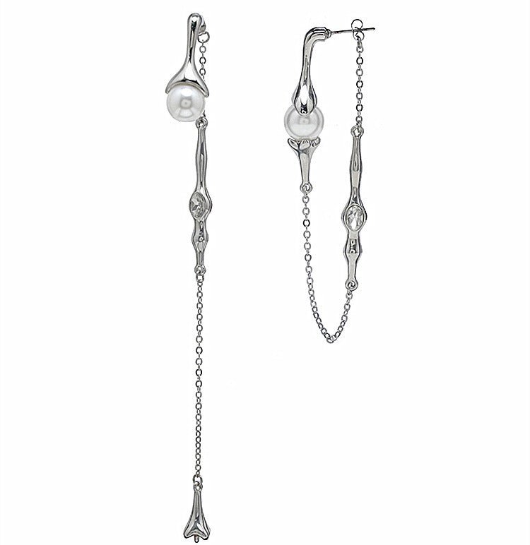 S925 Silver Needle Pearl Long Tassel Back Hanging Earrings Women-Jewearrings