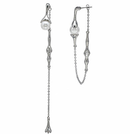 S925 Silver Needle Pearl Long Tassel Back Hanging Earrings Women-Jewearrings