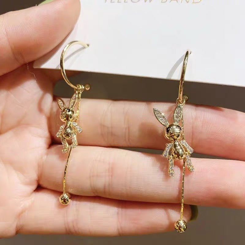 S925 Silver Needle Rabbit Cute Full Diamond Long Temperament Earrings 14K Real Gold Earrings Trendy-Jewearrings