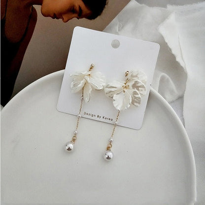 S925 Silver Needle Shell Pattern Petal Pearl Earrings Long Tassel-Jewearrings