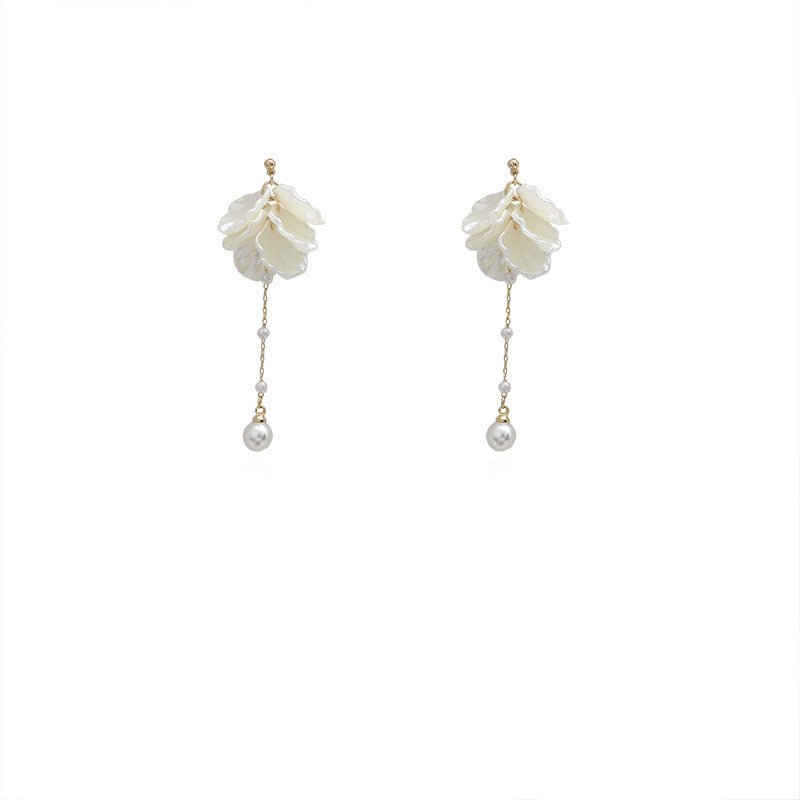 S925 Silver Needle Shell Pattern Petal Pearl Earrings Long Tassel-Jewearrings