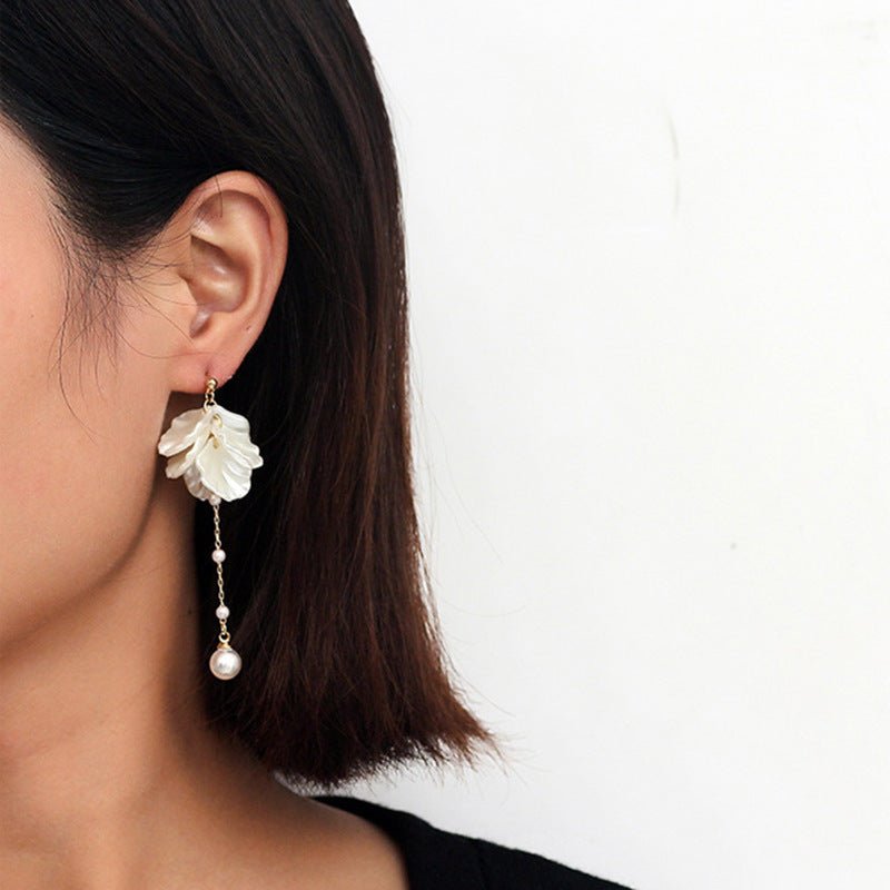 S925 Silver Needle Shell Pattern Petal Pearl Earrings Long Tassel-Jewearrings