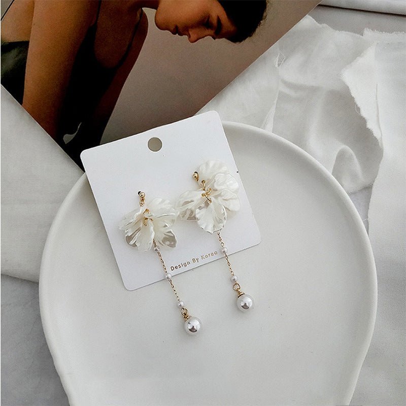 S925 Silver Needle Shell Pattern Petal Pearl Earrings Long Tassel-Jewearrings