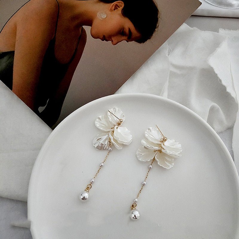 S925 Silver Needle Shell Pattern Petal Pearl Earrings Long Tassel-Jewearrings