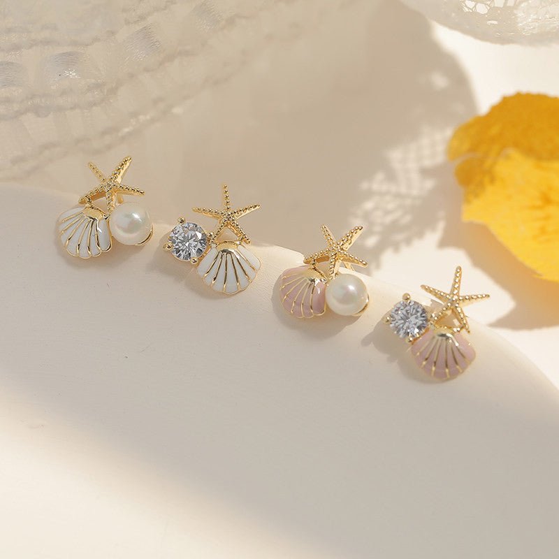 S925 Silver Needle Starfish Shell Pearl Earrings-Jewearrings