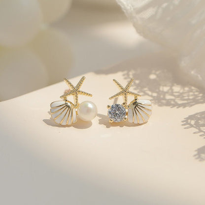 S925 Silver Needle Starfish Shell Pearl Earrings-Jewearrings