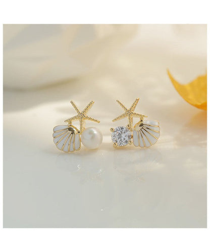 S925 Silver Needle Starfish Shell Pearl Earrings-Jewearrings