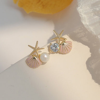 S925 Silver Needle Starfish Shell Pearl Earrings-Jewearrings