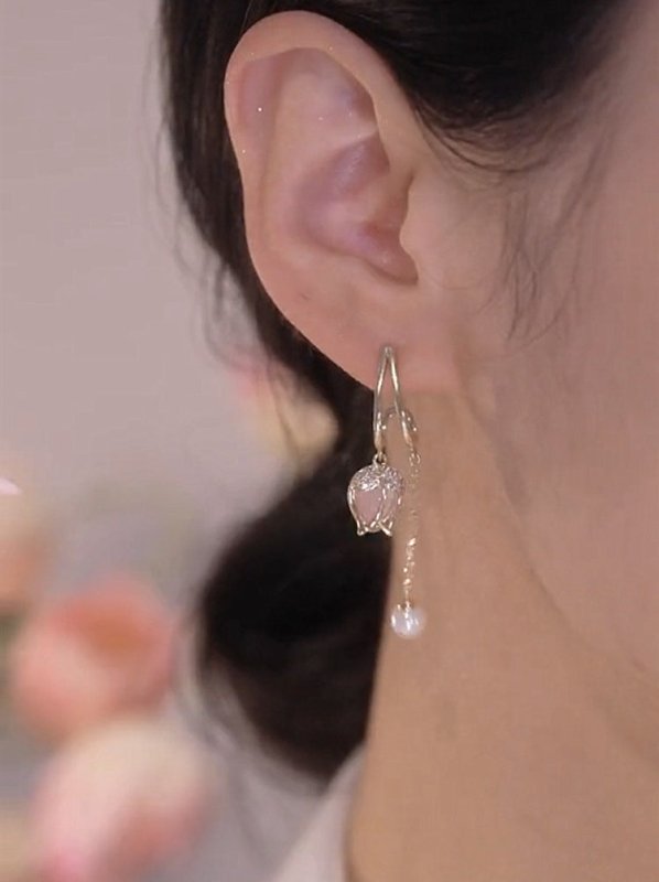 S925 Silver Needle Tulip Long Chain Pearl Earrings-Jewearrings