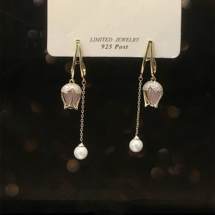 S925 Silver Needle Tulip Long Chain Pearl Earrings-Jewearrings