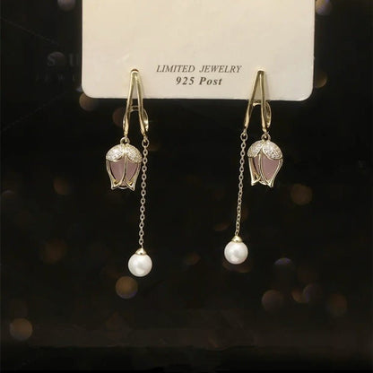 S925 Silver Needle Tulip Long Chain Pearl Earrings-Jewearrings