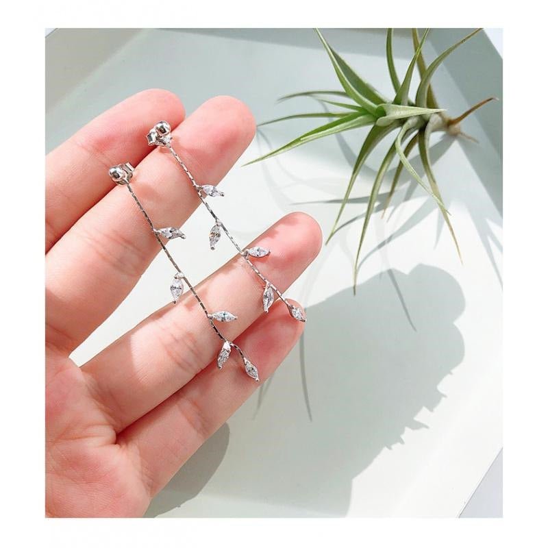 S925 Silver Needle Wild Simple Long Earrings New Trendy Women's Diamond Willow Leaves-Jewearrings