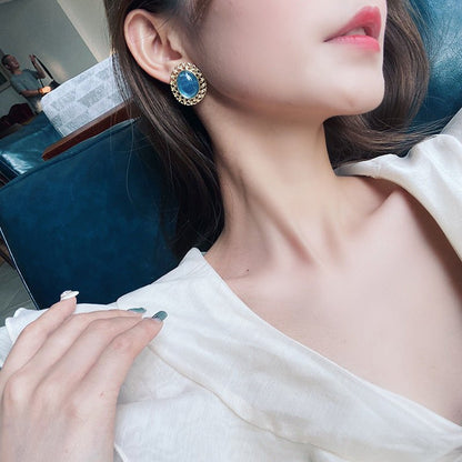 s925 silver pin blue stone earrings-Jewearrings