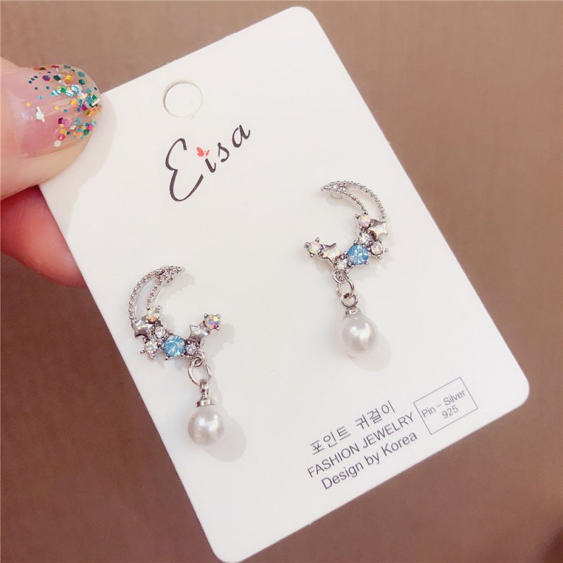 S925 Silver Pin Fashion Color Diamond Moon Pearl Earrings-Jewearrings