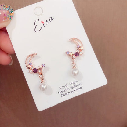 S925 Silver Pin Fashion Color Diamond Moon Pearl Earrings-Jewearrings