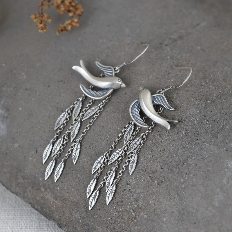 S925 Silver Retro Simple Design Leaf Long Tassel Literary Earrings Female Temperament Small Swallow Earrings-Jewearrings