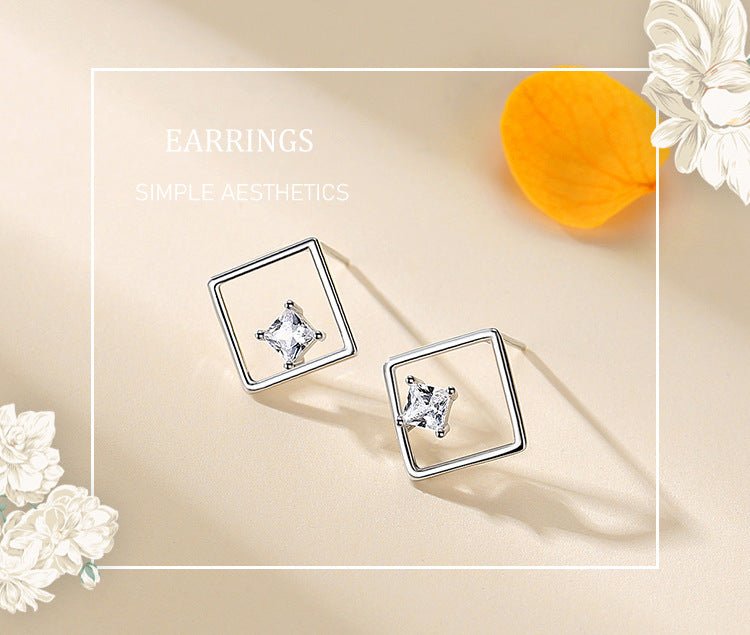 S925 Silver Simple Diamond Quadrilateral Stud Earrings-Jewearrings