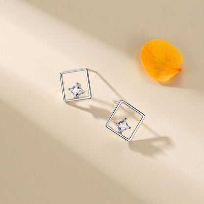 S925 Silver Simple Diamond Quadrilateral Stud Earrings-Jewearrings