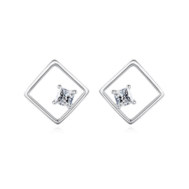 S925 Silver Simple Diamond Quadrilateral Stud Earrings-Jewearrings