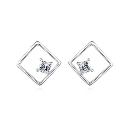 S925 Silver Simple Diamond Quadrilateral Stud Earrings-Jewearrings