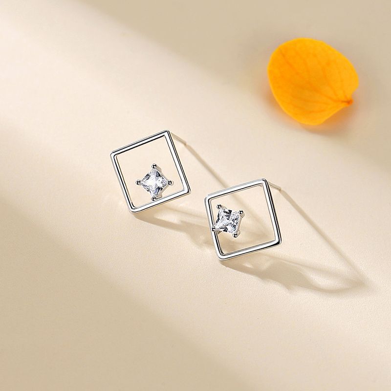 S925 Silver Simple Diamond Quadrilateral Stud Earrings-Jewearrings