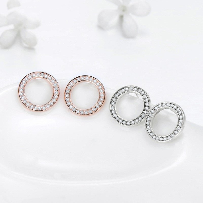 S925 Silver Simple Stud Earrings Full Of Diamond Hollow Round Earrings-Jewearrings