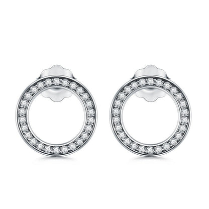 S925 Silver Simple Stud Earrings Full Of Diamond Hollow Round Earrings-Jewearrings