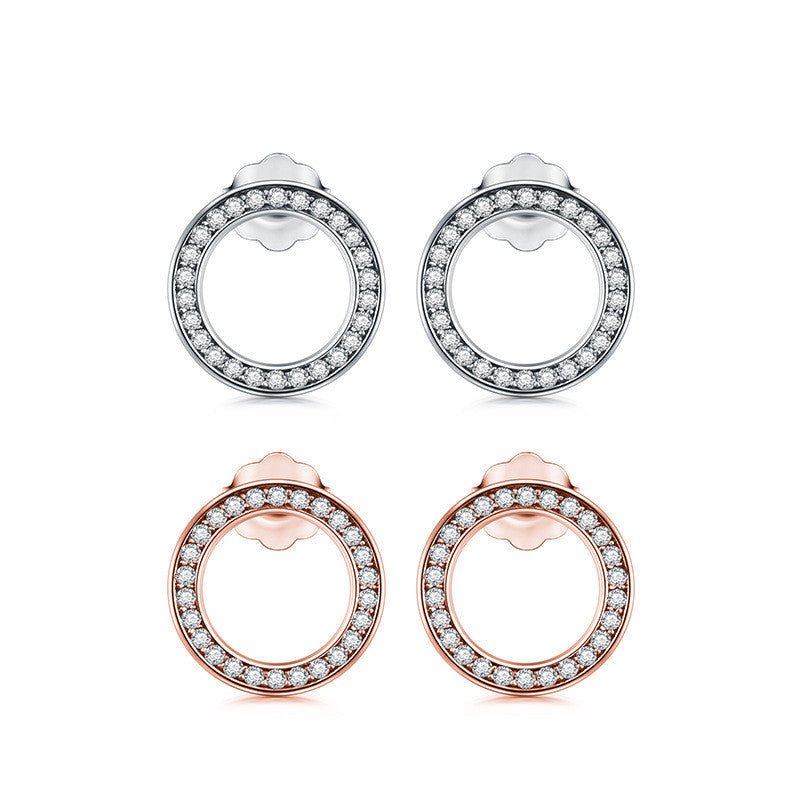 S925 Silver Simple Stud Earrings Full Of Diamond Hollow Round Earrings-Jewearrings