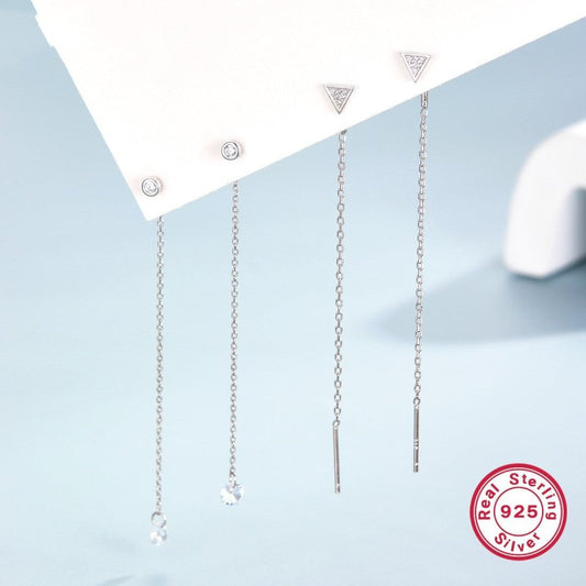 S925 Silver Stud Earrings Long Tassel Triangle Zircon EAR Thread-Jewearrings