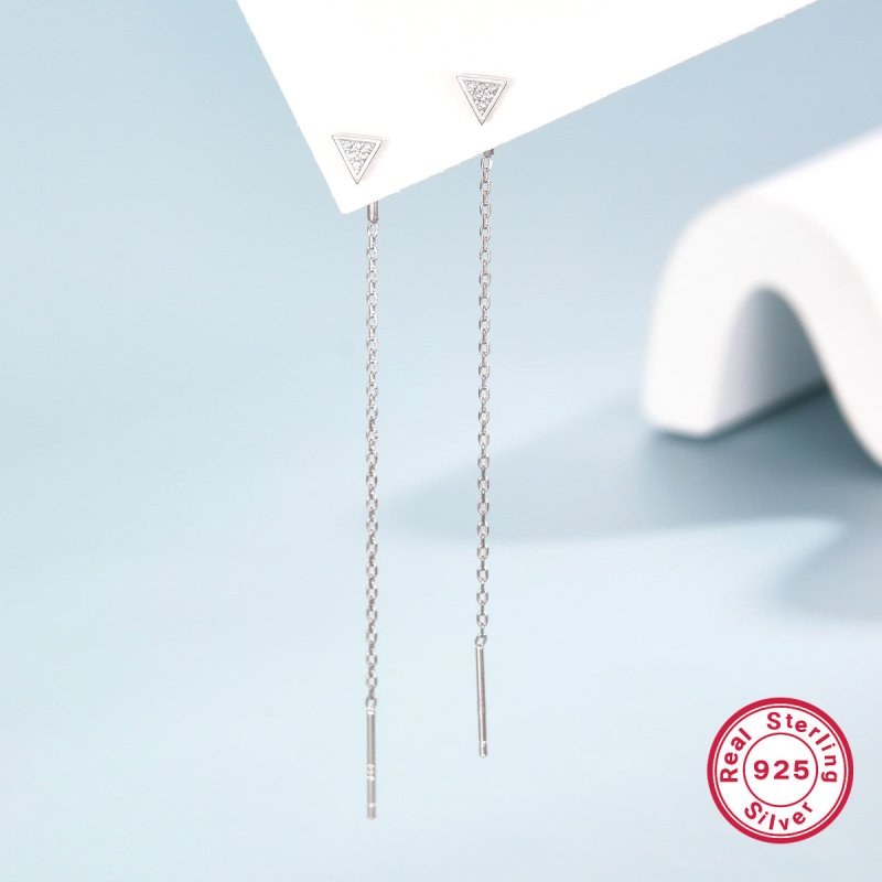 S925 Silver Stud Earrings Long Tassel Triangle Zircon EAR Thread-Jewearrings