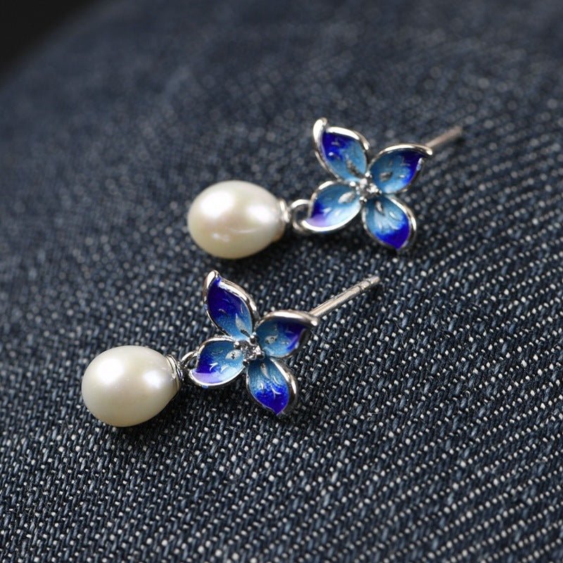 S925 Silver Vintage Cloisonne Four-leaf Flower Stud Earrings-Jewearrings