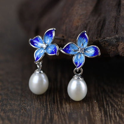 S925 Silver Vintage Cloisonne Four-leaf Flower Stud Earrings-Jewearrings