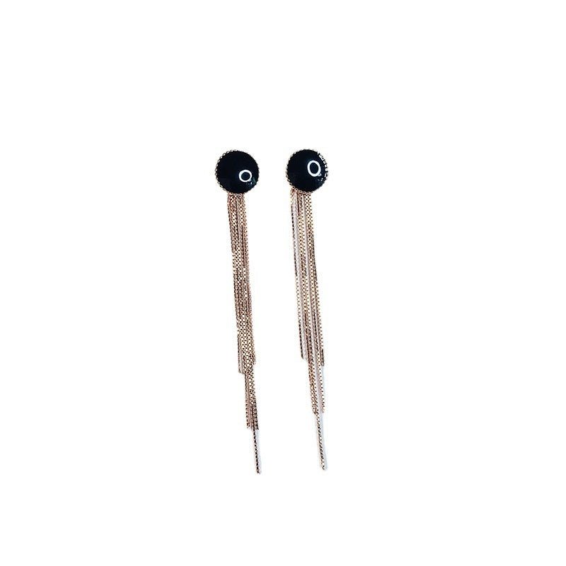 S925 Sterling Silver Black Round Female Long Earrings-Jewearrings