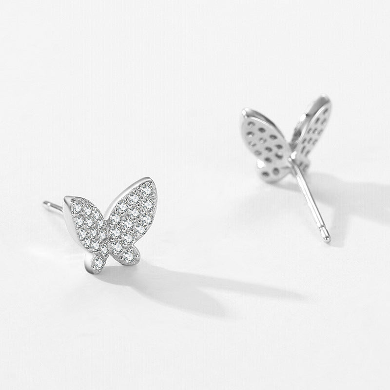 S925 Sterling Silver Butterfly Shiny Diamond-encrusted Stud Earrings-Jewearrings