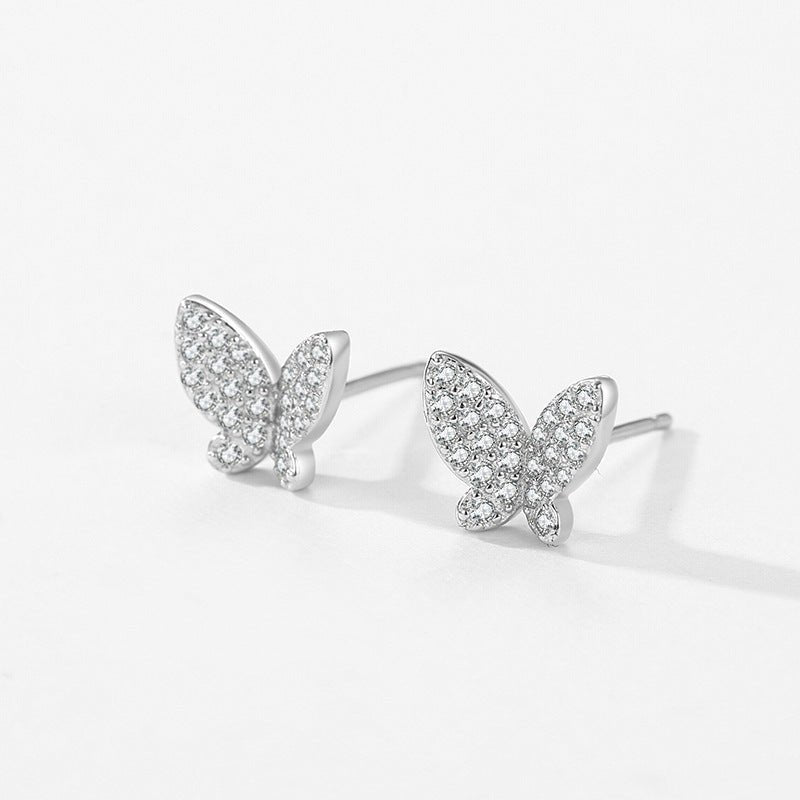 S925 Sterling Silver Butterfly Shiny Diamond-encrusted Stud Earrings-Jewearrings