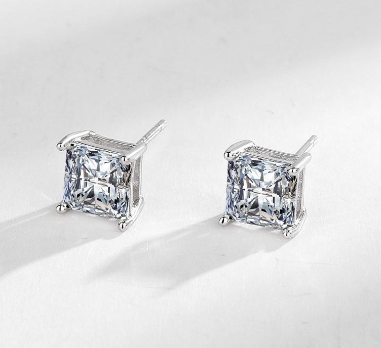 S925 Sterling Silver Classic Princess Four Claw Square Diamond Stud Earrings Women-Jewearrings