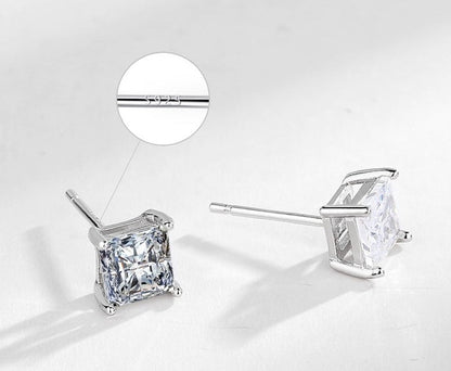 S925 Sterling Silver Classic Princess Four Claw Square Diamond Stud Earrings Women-Jewearrings